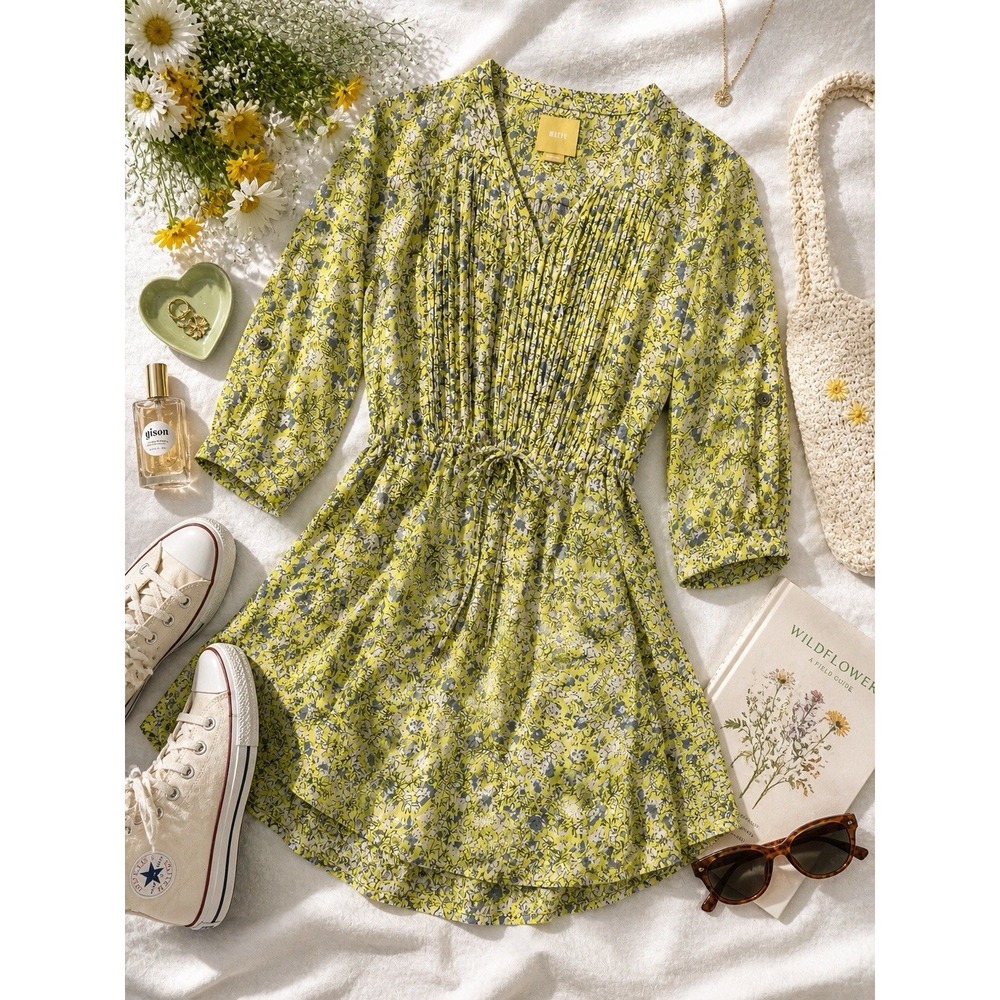 Anthro Maeve Galen Floral Dress Yellow Blue Boho Mini Sz S Pockets Sheer Coastal - Picture 6 of 16